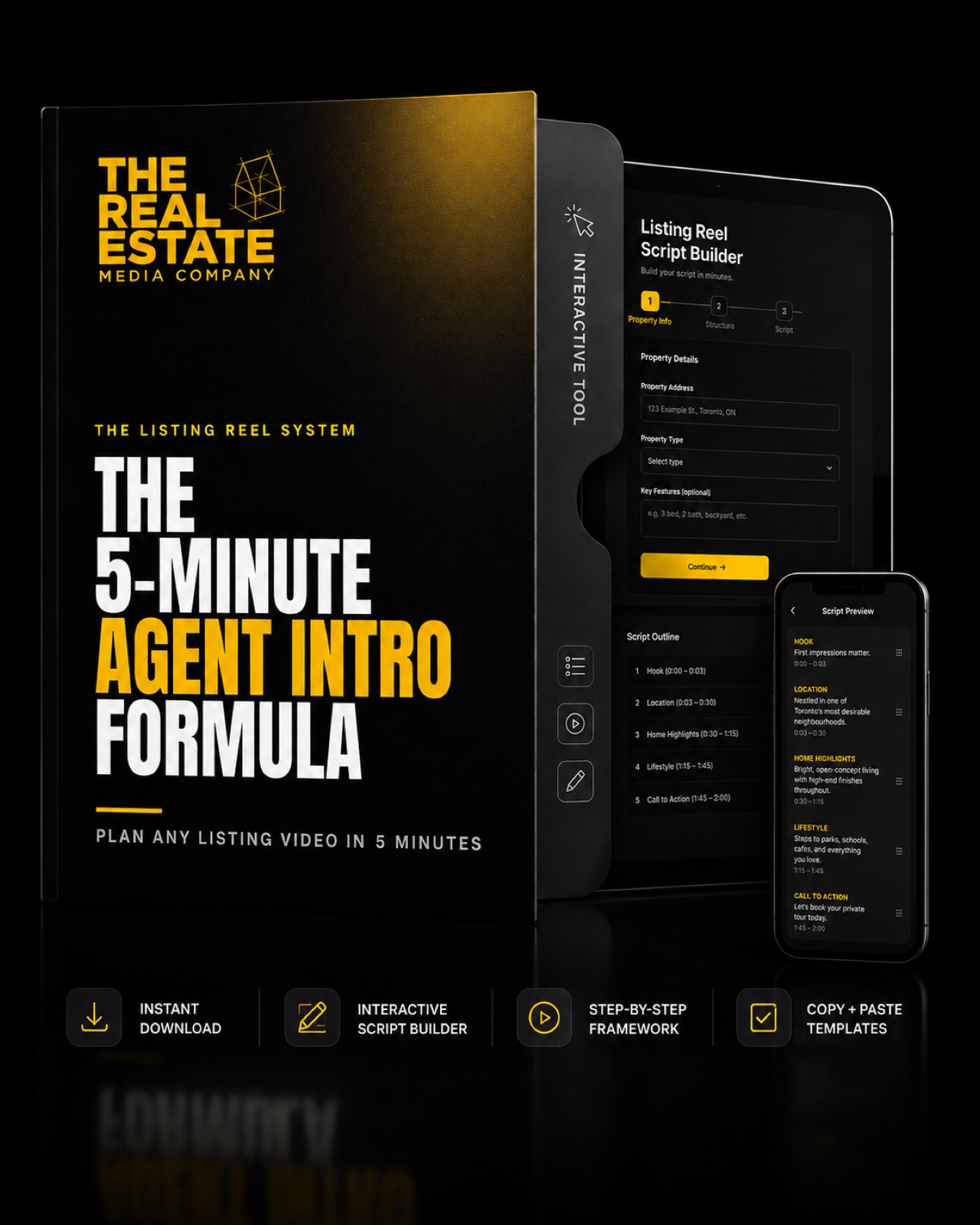 Everything inside: the Agent Intro Builder, the Formula Guide, and 75 modern real estate video ideas